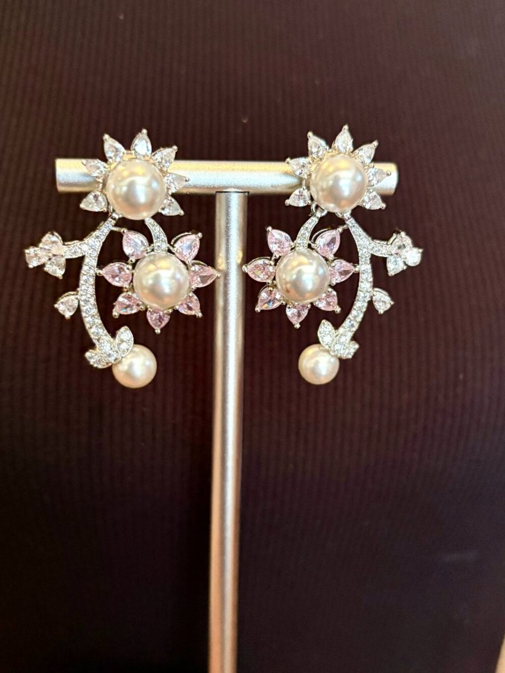 Pearl Flower Cubic Zirconia Rhodium Plated Earrings